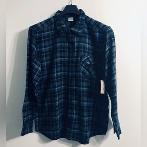 Men’s flannel shirt buttons down collar side pocket long sleeves gray plaid. XL